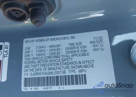 2021 Honda Cr-V 2Wd Ex z USA, uszkodzony, nr VIN 5J6RW1H52ML000138